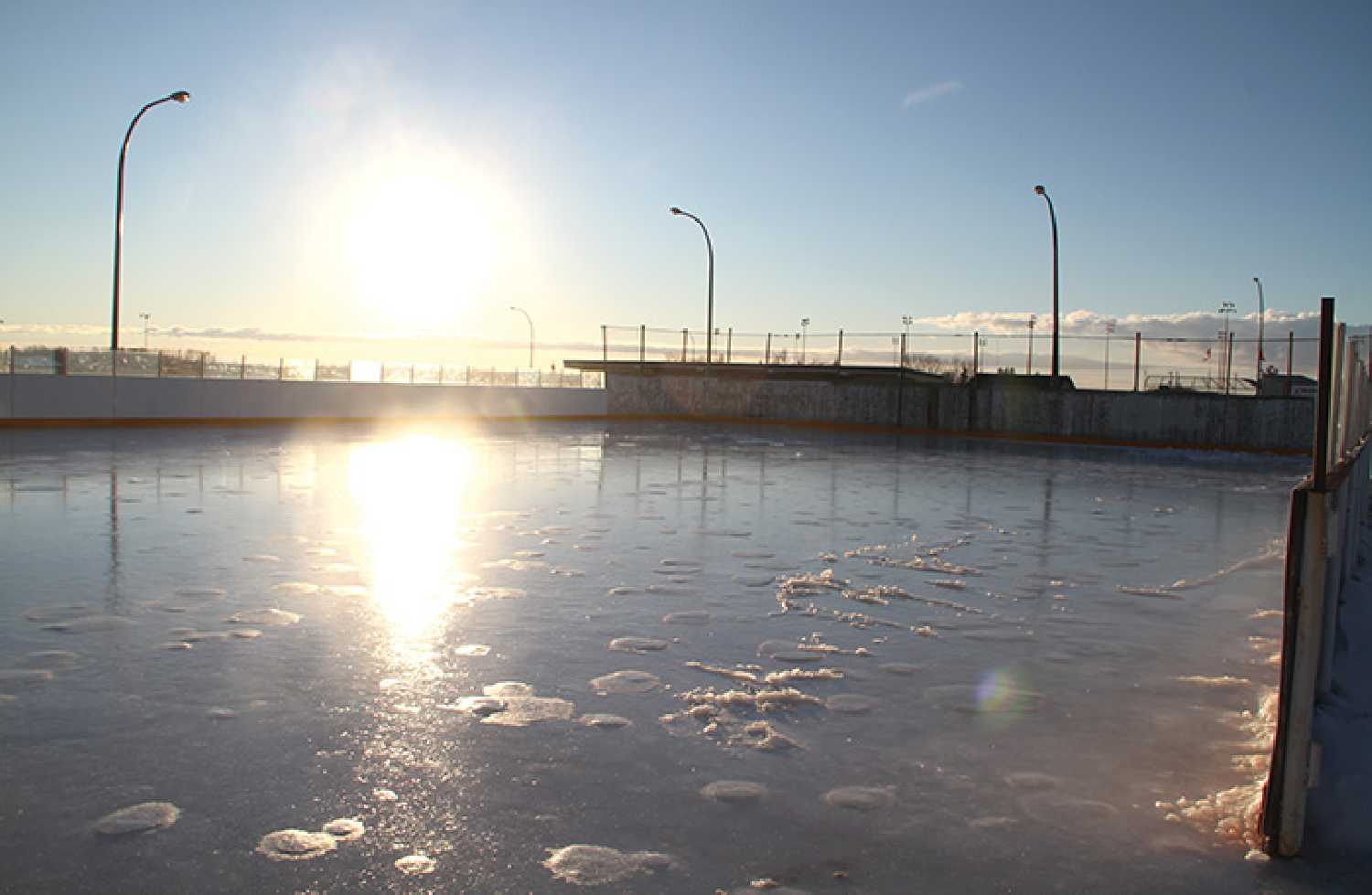 A picture of Moosomins outdoor ice rink from last winter. The rink is located at the towns Bradley Park.